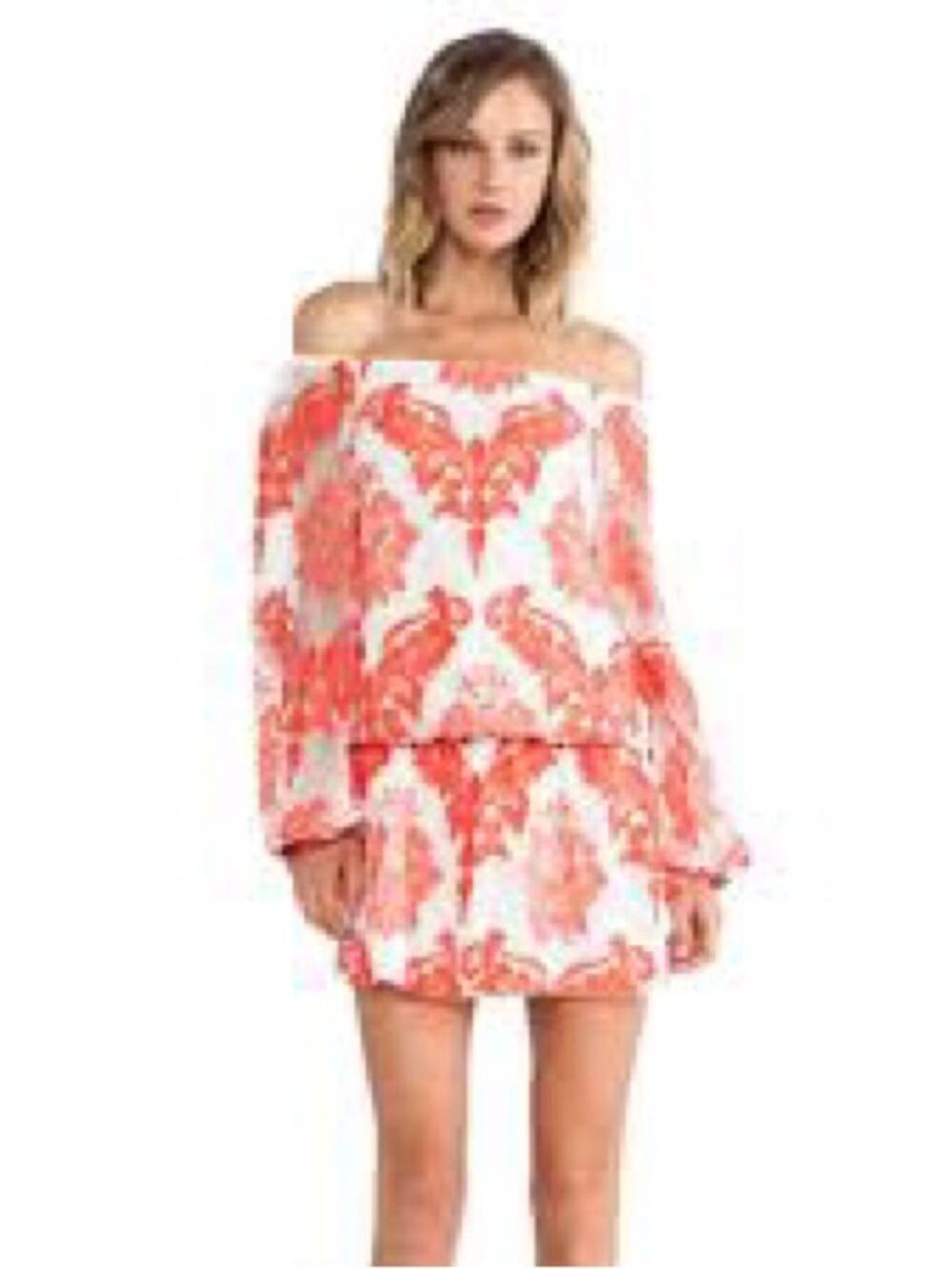 ALEXIS Silk Embroidered Mini Dress Orange Off Shoulder Boho Bell Sleeve M 0985